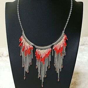 Jules B. Vintage Fringe Orange Beaded Necklace -  Statement Piece